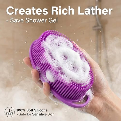 Silicone Body Scrubber Exfoliating 3 Pack, Shower Scrubber for Body,Loofah Alternative for Women Men, 2 in 1 Bath and Shampoo Brush with Handle,Body Exfoliator Tool for Skin, Back-Purple, Blue, Green - size: 3Pack-Purple Blue Green