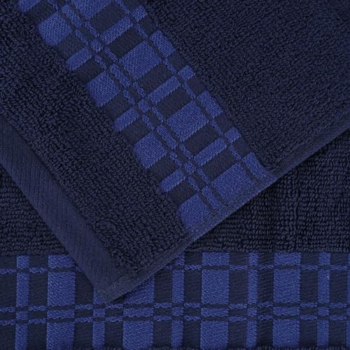 Superior 3-Piece Cotton Towel Set, Geometric Design, Dobby Border, Plush Quick Dry Towels, Decorative Bathroom, Spa, Includes 1 Bath, 1 Hand, 1 Face Towel/Washcloth, Larissa Collection, Navy Blue - color: Navy Blue, size: 3 Piece Towel Set