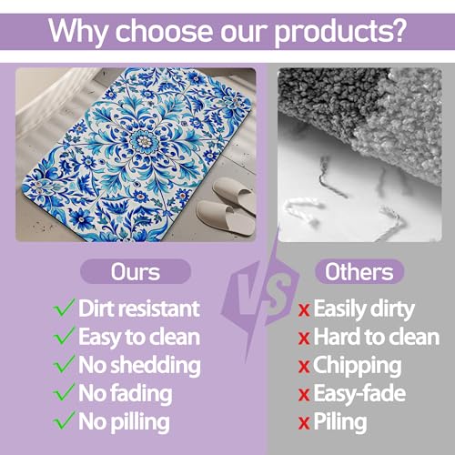 Blue Flower Bathroom Rug, Rapid Dry Absorbent with Non-Slip Rubber Base Bath Mats for Bathroom 17"x30" - color: Blue Flower