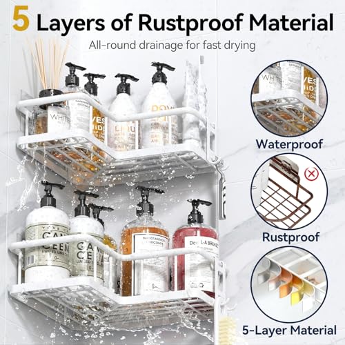YASONIC Corner Shower Caddy Adhesive, 100% Rustproof Shower Organizer with Soap Holder, No Drill Shower Shelf for Inside Shower, Wall-Mounted Shower Storage for Homes (3 Pack, White) - color: White