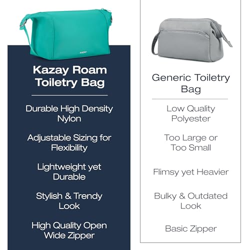 KAZAY Expandable Toiletry Bag with Side Clips for Adjustable Sizing, Premium High-Density Nylon, Open Wide Zipper, Stylish, Water Resistant, Cosmetic Bag, Makeup Bag, Full-Size Bottles, Unisex (Aqua) - color: Aqua
