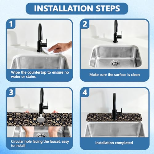 2 Pcs Kitchen Sink Splash Guard Faucet Mat Coffee Element Pattern Faucet Mat for Sinks Coffee Text Absorbing Drying Mats for Kitchen Bathroom, 23.6x5.5inch - color: Coffee Element Pattern