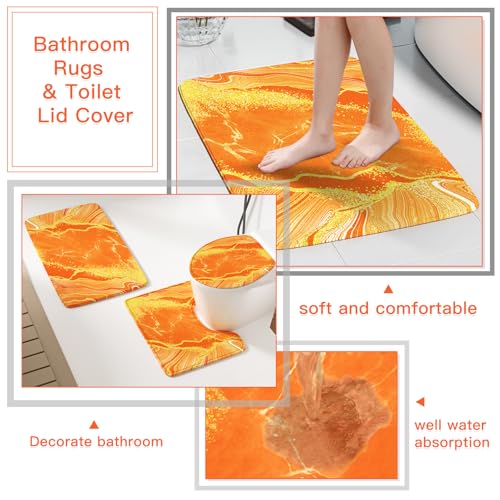 21PCS Bathroom Sets with Shower Curtain and Rugs Bathroom Accessories Set Orange Bathroom Set Complete with Trash Can, Toilet Brush, Qtip Holder & 3PCS Soap Dispenser - size: Bath Set+Marble Shower Curtain+Rugs, style: Orange