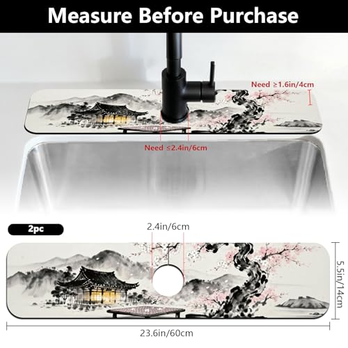 2 Pcs Kitchen Sink Splash Guard Faucet Mat Chinese Style Faucet Mat for Sinks Ink Painting Absorbing Drying Mats for Kitchen Bathroom, 23.6x5.5inch - color: Chinese Style Ink Painting