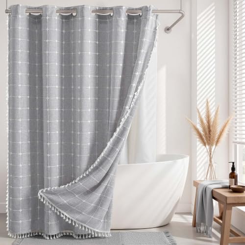 Farmhouse Shower Curtain with Snap-in Liner,No Hooks Needed,Boho Fabric Shower Curtains with Tassels for Rustic Neutral Bathroom Decor,with Magnets,Water Repellent&Machine Washable,Grey,71x74Inch - color: Grey, size: 71"W x 74"L (Pack of 1)
