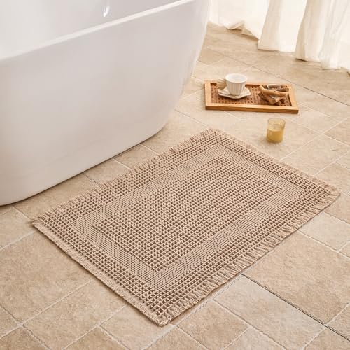 Waffle Bath Mat Non Slip, Boho Bathroom Rug, Super Absorbent Quick Dry Bathroom Mat, Soft Farmhouse Bath Rug with Tassels, Small Washable Shower Mats for Floor 20"x32", Square Brown - color: Square Brown, size: 1'8" x 2'8" (Rectangular)