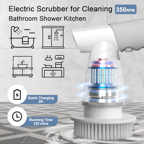Electric Spin Scrubber, Bathroom Shower Electric Scrubber for Cleaning Tub/Tile/Floor/Sink/Window, Power Cleaning Brush Rechargeable Cordless with 4 Replaceable Cleaner Brush Heads - color: 01 Classic Grey