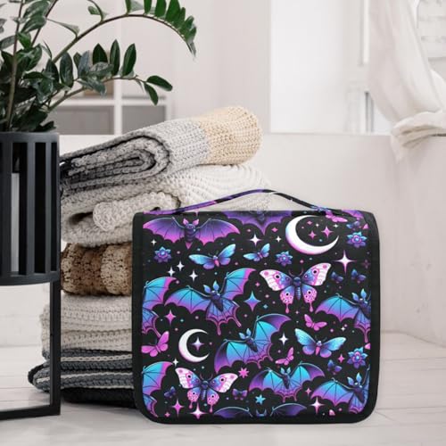 MNSRUU Hanging Toiletry Bag Neon Purple and Bats Stars and Moons Travel Makeup bag for Toiletries Portable Travel Toiletry Organizer Cosmetic Bags with Hanging Hook - color: Bats A8889