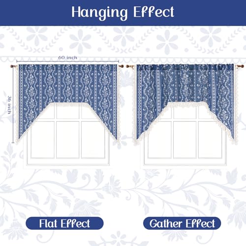 Yinhua Boho Swag Valance Curtains Vintage Linen Valances for Windows Light Filtering Floral Kitchen Valance Rod Pocket Farmhouse Rustic Tassel Window Valances for Bathroom Cafe, 60" W x 36" L, Blue - color: Blue, size: 60"W x 36"L (Pack of 1)