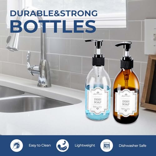 8 oz Glass Pump Bottle, 250ml Small Lotion Dispenser Bottle for Body Massage Oil, Refillable Empty Hand and Dish Soap Dispensers Set with Storage Caps, Labels - Amber & Clear, 2 Pack - color: Clear & Amber