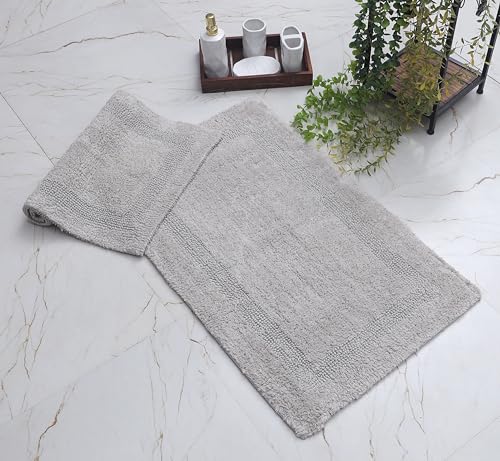 WOVEN ST. Reversible Tufted Bath Rugs | Area Rugs for Spa, Vanity Shower, Bathrooms, Kitchen, Bedroom | Water Absorbent | 100% Cotton | Pack of 2 | 17’’ x 24’’ & 21’’ x 34’’ Inches | Light Grey - color: Light Grey, size: 17" x 24" (Rectangular) + 21" x 34