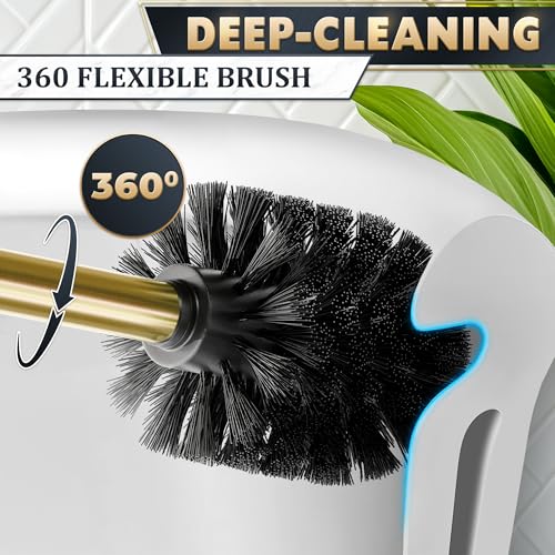 Gold Toilet Brush with Square Holder - Toilet Brush and Holder Set Gold, Stainless Steel Handle with Splash Shield, Replaceable Head and Removable Inner Cup - Freestanding Bathroom Toilet Cleaning Set - color: Gold Rounded Square