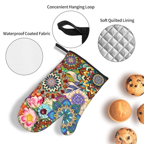Boho Floral Oven Mitts and Pot Holders Sets, Heat Resistant Colorful Kitchen Gloves Hot Pads, Cute Baker Stuff, Chef Cooking Baking Gifts for Women Bakers, Kitchen Gifts for Cooking Lover Cooks Mom - color: Boho Floral