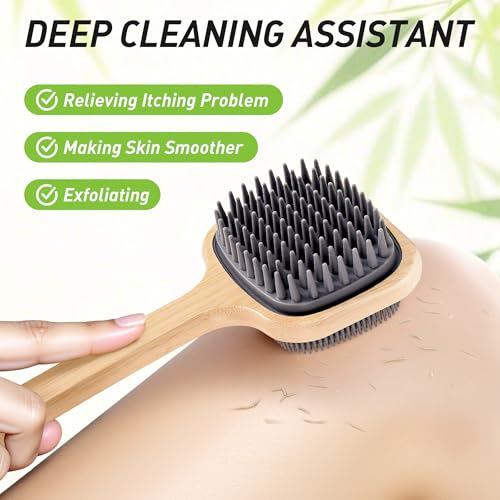 NURENDER 16.92'' Double-Sided Back Scrubber for Shower, Silicone Back Bath Brush Ideal for Sensitive Skin, Exfoliating, with Anti-Slip Bamboo Handle & Hanging Loop, Dry Body Brush for Men, Women - size: 16.92 Inch