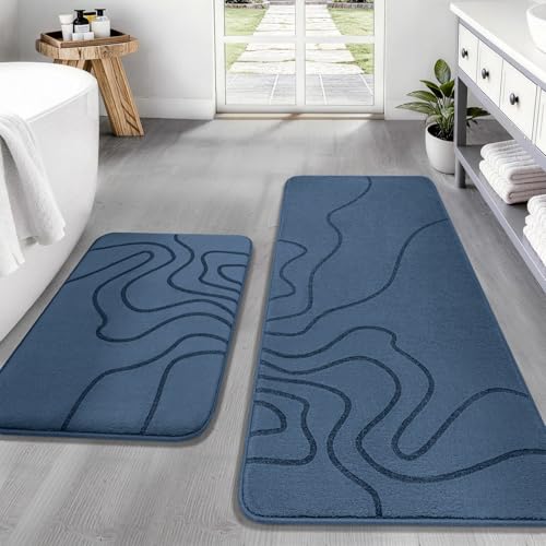 YIHOUSE Memory Foam Bathroom Rugs Sets 2 Piece - Extra Thick Ultra Soft Absorbent Bath Mat Set, Non-Slip Machine Washable Bath Rugs for Bathroom, Tub & Shower, Home Decor (17"x24"+20"x46", Dusty Blue) - color: Dusty Blue, size: 1'5" x 3'10" (17"x24"+20"x4