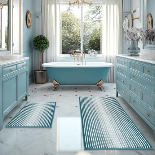 BSICPRO Bathroom Rugs Sets, 2 Piece Thick Absorbent Chenille, Non Slip, Soft Shaggy Bath Room Floor Mats, Machine Washable (20" x 47" Plus 16" x 24", Teal) - color: Teal, size: 20" x 47" Plus 16" x 24"