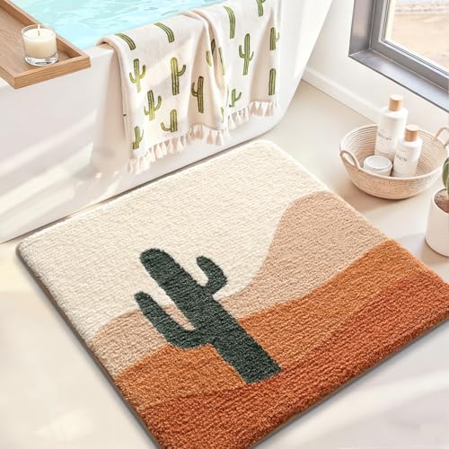 LUMI Bathroom Rugs with Cactus Plant, Square Bathroom Mat, Ultra Soft, Absorbent Quick Dry, Non-Slip Washable Shower Rugs, Luxury Carpet for Shower Floor, Bathtub, Home Decor, 26"x26" - color: A-desert Cactus, size: 26"x26"(Square)