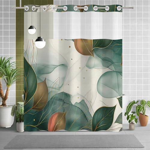 Abstract Botanical Shower Curtain with Snap in Liner - Boho Green Leaf Art Print Bathroom Shower Curtain No Hooks, Waterproof Double Layer Bath Curtain with Mesh Top Window, 71″W x 74″L - color: Cyan Leaves