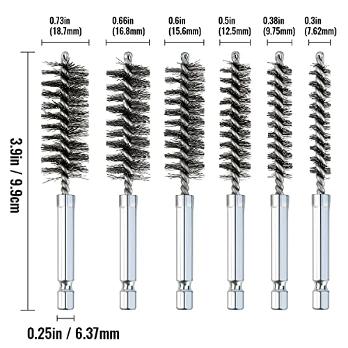 6 Pcs Stainless Steel Bore Brush Set with 1/4" Hex Shank Twisted Wire Bristles, Different Sizes (8, 10, 12, 15, 17, 19mm) for Rust and Tube Cleaning