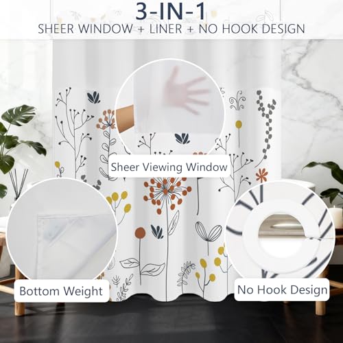 No Hook Shower Curtain with Snap in Fabric Liner Set, Waterproof & Washable, Farmhouse Cute Floral Shower Curtains for Bathroom, Spring Summer Botanical Plants Bathroom Curtain, House Gift, 71x74 inch - color: Hand-drawn Botanical