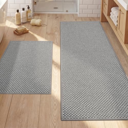 YIHOUSE Thin Bath Mat Grey Bathroom Rugs Sets 2 Pieces, Non Slip Absorbent Mats Quick Dry, Woven Rugs Washable, Tapetes para Baño for Bathroom Toliet,Bathtub(17"x24"+17"x47") - color: Light Grey, size: 2Pieces(17"x24"+17"x47")