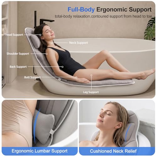 Full Body Bath Pillow for Bathtub, Thick 5D Air Mesh Luxury Spa Tub Cushion with Adjustable Lumbar Support, Extra Long Bathtub Pillow for Head and Neck Back, 192 Non-Slip Suction Cups, Gray, 56" x 19"
