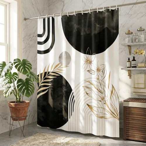 Black and Gold Shower Curtain, White Grey Abstract Art Pattern, Mid Century Modern Polyester Fabric, Cool Boho Mens Bathroom, 60x72 Inch, 12 Hooks Included - color: Black, size: 60"W x 72"L (Pack of 1)