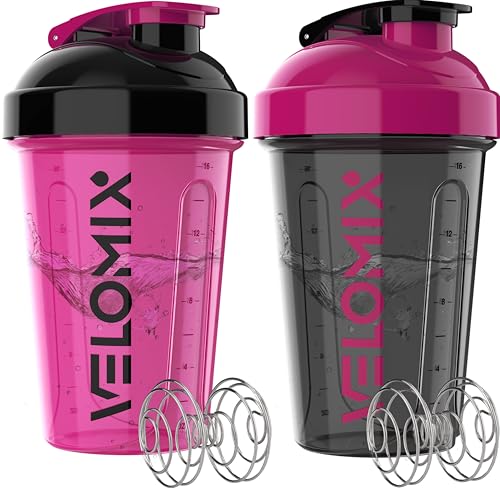 VELOMIX -2 Pack- 20 oz Protein Shaker Bottles for Protein Mixes - 2x Wire Whisk | Leak Proof Shaker Cups for Protein Shakes and Pre Workout | Protein Shaker Bottle Pack (A6) Black/Pink - color: A6) Black/Pink