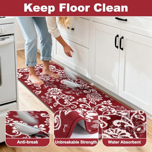 LOKHOM Kitchen Rugs Sets of 3, Non Slip High-Low Textured Red Kitchen Mats for Floor with Rubber Backing, Paisley Floral Washable Carpet Runner for Hallways Sink Holiday Decor (Red & White) - color: Red, size: 24"x35"+24"x48"+24"x60"