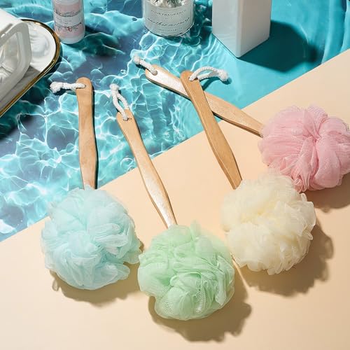Tessco for you 12 Pcs Large Loofah on a Stick Shower Loofah with Long Handle Back Scrubber for Shower PE Body Bath Sponge Soft Spa Mesh Brush Wash Exfoliating Luffas for Men Women (Light Color) - color: Light Color