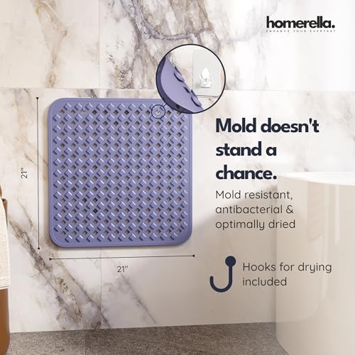 homerella® Shower Mat Non Slip Anti Mold, Non Slip Shower Mats for Inside Shower Stall Anti Slip Mat, Square Shower Floor Mat 21 x 21 in with Suction Cups & Hooks for Quick Drying, Machine Washable - color: Purple