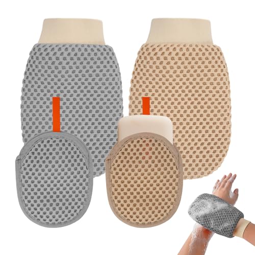 4 Pcs 3D Textured Mesh Soap Bag & Exfoliating Bath Glove Set, Soft Body Scrubber Clean Mitts for Women Men, Shower Bathing Accessories (Grey+Khaki)