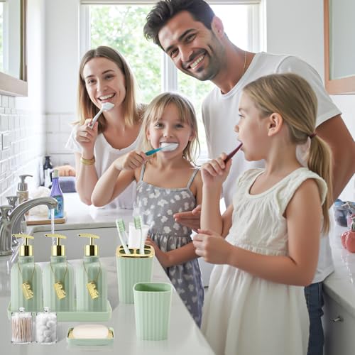 21PCS Bathroom Sets with Shower Curtain and Rugs Bathroom Accessories Set Dark Green Bathroom Set Complete with Trash Can, Toilet Brush, Qtip Holder & 3PCS Soap Dispenser - size: Bath Set+Marble Shower Curtain+Rugs, style: Dark Green