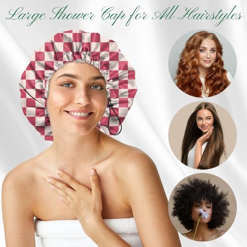 2 PCS Shower Cap Waterproof Double Layer Elastic Adjustable Reusable Hair Bath Caps for Girls Women Cute Aesthetic-Pink White - color: G19-Pink White