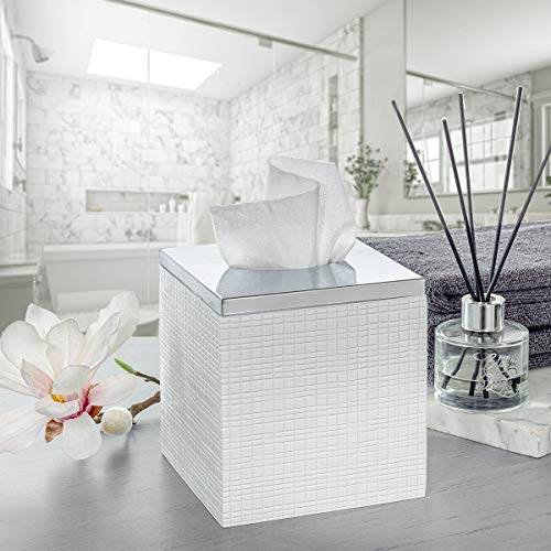 Estella White Square Resin Tissue Box Cover with Silver Top - style: Square Tissue Box