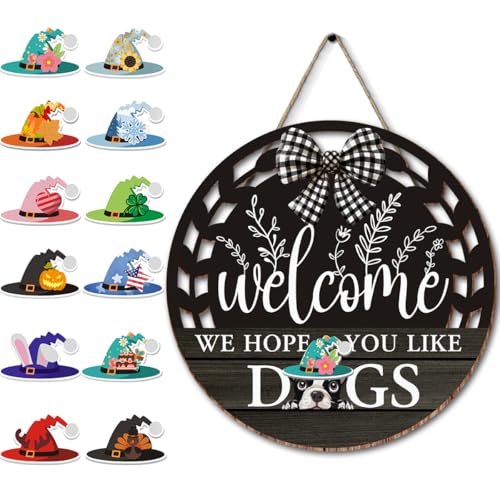 Interchangeable Seasonal Welcome Hanging Sign - Farmhouse Front Door Decoration for Holidays - Rustic Round Wood Wreaths with 12 Icons – Welcome Dog Lover(Black) - color: dogsblack