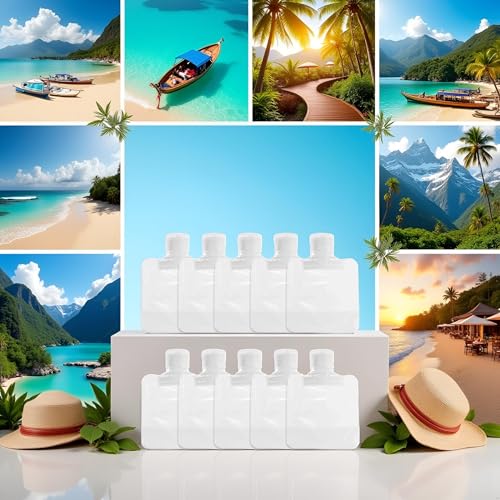 10Pcs Transparent Portable Fluid Packing Bags,New Travel Size Refillable Empty Squeeze Pouch, Premium Clear Travel Pouches for Toiletry, Lotion Shampoo Shower Gel Squeezable Bags (30ml),Bag and Cases