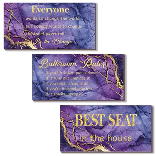 DONFENTHY 3-Piece Purple & Gold Bathroom Decor - Rules Wall Art & Signs - Best Seat in The House - Farmhouse Wooden Sign for Toilet Wall Decor (10x5") - color: Purple Gold