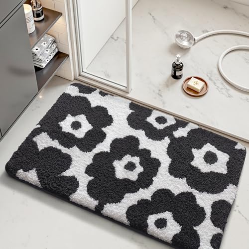 LUMI Bathroom Rugs Cute Floral Design, Soft Absorbent Microfiber Bath Mat Non-Slip, Machine Washable Quick Dry Luxury Rug Flower Black and White for Floor, Bathtub, Home Decor, 20"x32" - color: D-black Flower, size: 20"x32"