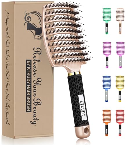 KTKUDY Detangling Brush Getting Knots Out without Pain - Boar Bristles Hairbrush Make Hair Shiny & Healthier Vented Detangler Brush for Women Men Kids Wet and Dry Hair - color: Gold-Black handle