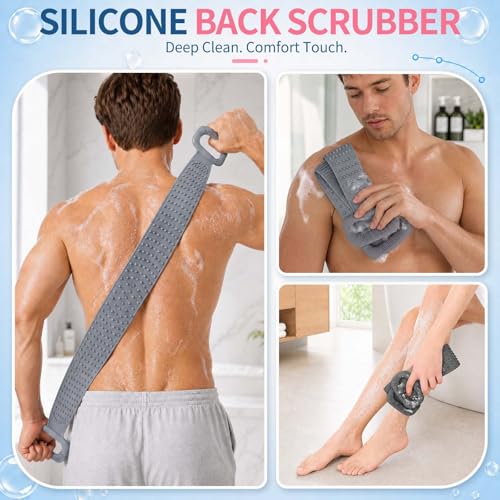 Manmihealth Silicone Back Scrubber for Shower, 36'' Extendable Back Washer with Long Strap Handle, Dual-Sided Silicone Body Brush for Men and Women (Gray) - color: Gray