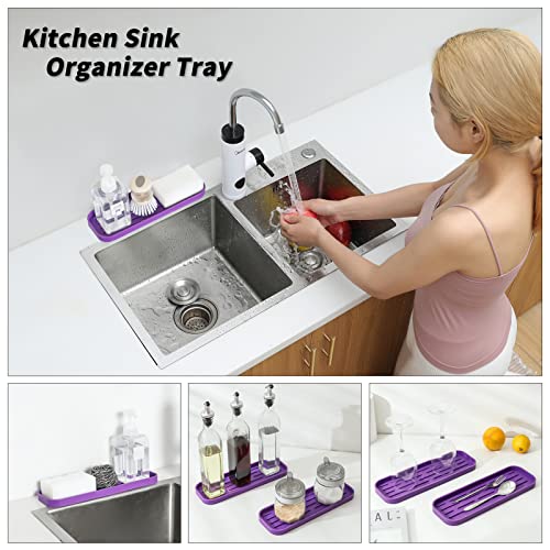 MicoYang Silicone Kitchen Sink Organizer Tray for Multiple Usage,Eco-Friendly Sponges Holder for Kitchen Bathroom Counter or Sink,Dish Soap Dispenser,Scrubber,Bottle,Cup (Purple, 12"×4") - color: Purple, size: 12" x 4" x 0.7"