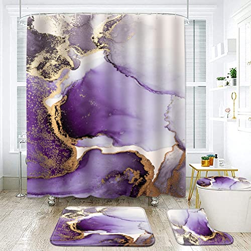 Marble Bathroom Sets with Rugs for Bathroom Decor, 72x72 Inches Gold Shower Curtain with Non-Slip Rugs and Accessories, Waterproof Machine Washable Bath (SC-Sets-purble Gold Marble) - color: Sc-sets-purble Gold Marble
