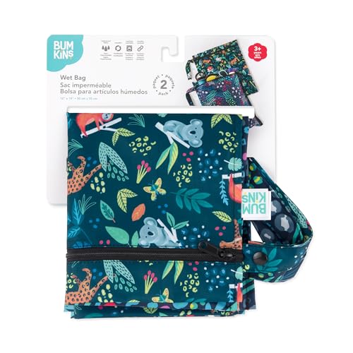 Bumkins Waterproof Wet Bag for Baby, Travel, Swim Suit, Cloth Diapers, Pump Parts, Pool, Beach, Gym Clothes, Toiletry, Hook to Stroller, Daycare, Zipper Reusable Wetdry Packing, 2-pk Jungle and Animal - color: I2 Jungle-2pk, style: Wet Bag