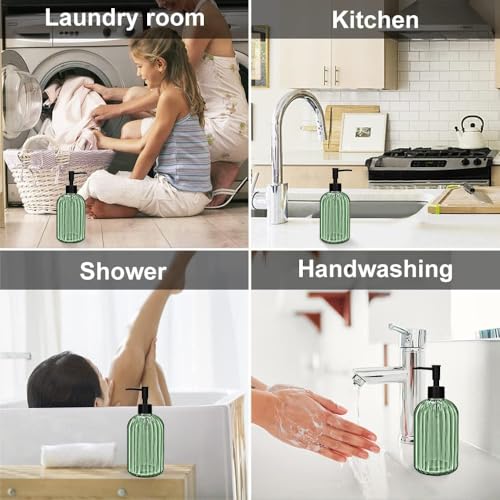 2 Pack 14oz Glass Soap Dispenser with Black Pump – Refillable for Hand Soap, Dish Soap, Lotion, Suited for Kitchen, Bathroom & Laundry Room(Olive Green) - color: Olive Green