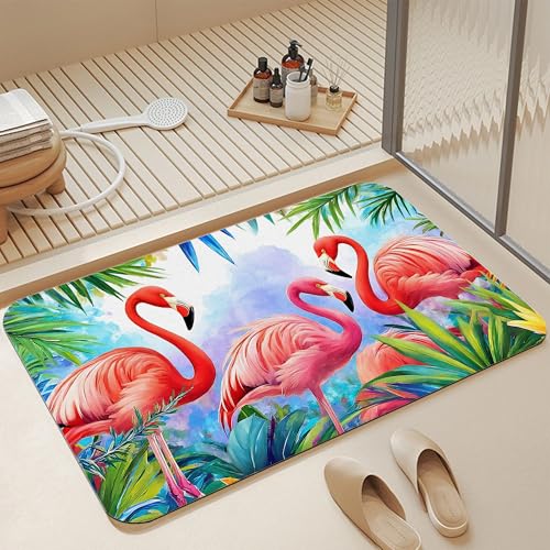 Diatomaceous Bathroom Rugs,Watercolor Flamingo Bathroom Decor,Summer Tropical Palm Leaf Non Slip Bath Mat,Quick Dry Easy To Clean Care Shower Rug for Home Dorm Low Profile Floor Mat 17 X 29.5 Inch - color: Watercolor Flamingo