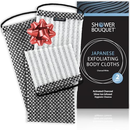 Japanese Exfoliating Washcloth for Back & Body 2-Pack - Charcoal & Silver Ion Exfoliating Towel with Handles - Two-Sided Gentle Exfoliation & Deep Cleanse Body Wash Cloths for Shower - 2 White - color: 2 Charcoal White, size: 1 Count (Pack of 2)