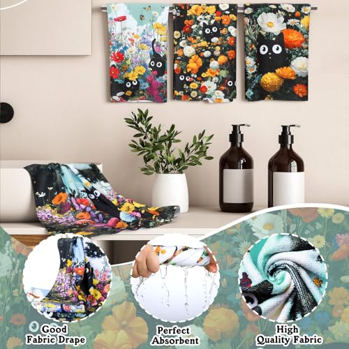 Tatuo 8 Pcs Black Cat Themed Shower Curtain Sets for Bathroom Cute Floral Aesthetic Bathroom Accessories Retro Cat Lover Gifts Shower Curtain Sets with Towels Carpet Bath Mat Toilet Rugs and 12 Hooks - style: Black Cat