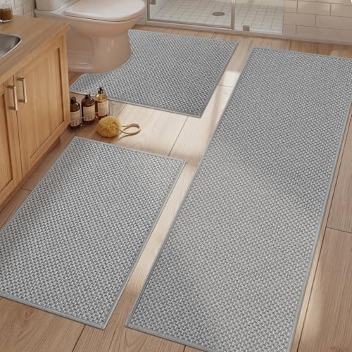 YIHOUSE Thin Bath Mat Light Grey Bathroom Rugs Sets 3 Pieces, Non Slip Absorbent Bath Mats Quick Dry, Woven Braided Rugs Washable, Tapetes para Baño for Bathroom,Bathtub(17.5"x24"U+17"x24"+17"x47") - color: Light Grey, size: 3Pieces(17.5"x24"U+17"x24"+17"