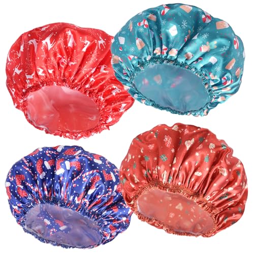 4 PCS Shower Cap for Women, Elastic and Reusable Bath Caps, Double Layers Shower Caps Reusable Waterproof, Bathing Shower Caps, Environmental Bath Hair Protection Cap - Chrismas Pattern - color: Chrismas Pattern 4 PCS/Set